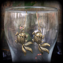 Load image into Gallery viewer, Koi fish earrings, Gold fish earrings, Tattoo earrings, Sailor Jerry, Tattoo jewelry, Tunnel earrings, Japanese fish, Plug earrings, Gauges