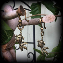 Load image into Gallery viewer, Koi ear weights, Tattoo ear hangers, Tunnel dangles, Plug dangles, Hanging gauges, Gauged earrings, Gauges, Bronze Plug earrings, 00g 0g