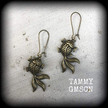 Load image into Gallery viewer, Koi fish earrings, Gold fish earrings, Tattoo earrings, Sailor Jerry, Tattoo jewelry, Tunnel earrings, Japanese fish, Plug earrings, Gauges