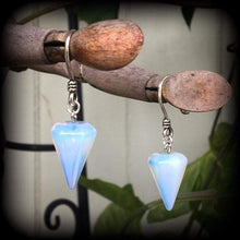 Load image into Gallery viewer, 3mm 4mm gauges Opalite ear weights Moonstone ear hangers 6 gauge weights 8 gauge Tunnel dangles Plug dangles Hanging gauges Gauged earring
