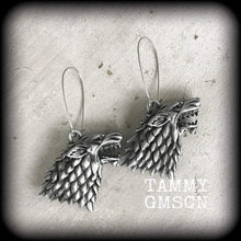 Load image into Gallery viewer, Game of Thrones earrings Movie earrings House Stark Wolf earrings Dire wolf Winterfell Christmas gifts Plug earrings Gauged earrings 14g 12g