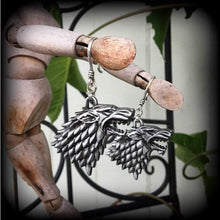 Load image into Gallery viewer, Game of Thrones earrings Plug gauges House Stark Wolf ear weights Dire wolf Ear hangers Tunnel dangles Plug dangles Gauged earrings 2g 4g 6g