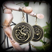 Load image into Gallery viewer, Targaryen, Game of Thrones, Ear hangers, Dragon, Ear weights, Dragon jewelry, Valyrian jewelry, Fire and Blood, Plug dangles, Hanging gauges