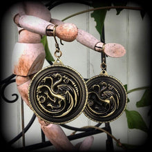 Load image into Gallery viewer, Targaryen, Game of Thrones, Ear hangers, Dragon, Ear weights, Dragon jewelry, Valyrian jewelry, Fire and Blood, Plug dangles, Hanging gauges