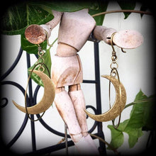Load image into Gallery viewer, 3D Crescent Moon earrings Orrery earrings Goddess earrings Pagan earrings Moon jewelry Bronze moon earrings Plug earrings Gauged earrings