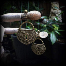 Load image into Gallery viewer, Padlock earrings Heart earrings Antique bronze earrings Tunnel dangles 2 gauge Steampunk jewelry Steampunk earrings 0 gauge plug earrings