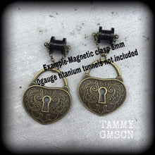 Load image into Gallery viewer, Padlock earrings Heart earrings Antique bronze earrings Tunnel dangles 2 gauge Steampunk jewelry Steampunk earrings 0 gauge plug earrings