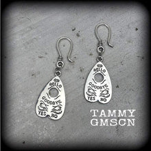 Load image into Gallery viewer, 3mm 8 gauge Ouija plug dangle Planchette Tunnel dangles 2 gauge ear hangers Esoteric jewelry 4mm gauges 8 gauge hangers 8mm Gauged earrings