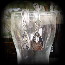 Load image into Gallery viewer, 3mm 8 gauge Ouija plug dangle Planchette Tunnel dangles 2 gauge ear hangers Esoteric jewelry 4mm gauges 8 gauge hangers 8mm Gauged earrings