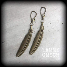 Load image into Gallery viewer, Feather tunnel dangles, Plug dangles, 6 gauge, 4g, 2g, Bronze weights, Goddess jewelry, Plug hangers, Hanging gauges, Gauges, 12mm 00g 0g 2g