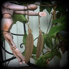 Load image into Gallery viewer, Feather tunnel dangles, Plug dangles, 6 gauge, 4g, 2g, Bronze weights, Goddess jewelry, Plug hangers, Hanging gauges, Gauges, 12mm 00g 0g 2g