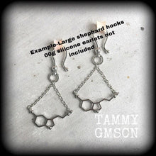 Load image into Gallery viewer, Serotonin ear hangers Molecule Tunnel dangles Science Chemical Nerd Geek Plug dangles Hanging gauges Gauged earrings Anatomy Science jewelry