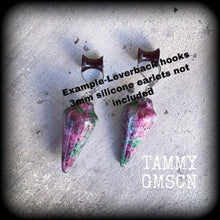 Load image into Gallery viewer, 3mm 8 gauge ear Weights Stone ear Hangers Ruby in Fuchsite Gemstone 4 gauge Tunnel dangles 2 gauge Gauged earrings 0 gage 10mm Plug dangles