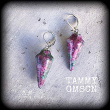 Load image into Gallery viewer, Gemstone earrings Ruby in Fuchsite Crystal earrings Dangle earrings Boho earrings Pagan Boho Quartz Dangle earrings Pierced ears Leverback