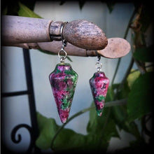 Load image into Gallery viewer, Gemstone earrings Ruby in Fuchsite Crystal earrings Dangle earrings Boho earrings Pagan Boho Quartz Dangle earrings Pierced ears Leverback