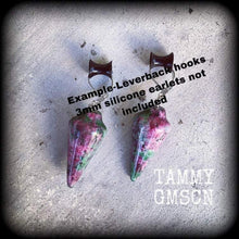 Load image into Gallery viewer, Gemstone earrings Ruby in Fuchsite Crystal earrings Dangle earrings Boho earrings Pagan Boho Quartz Dangle earrings Pierced ears Leverback