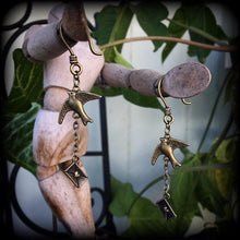 Load image into Gallery viewer, Tattoo ear hangers, Swallow ear weights, 6 gauge, 4 gauge, Bronze weights, Hanging gauges, Gauged earrings, Plug gauges, Tunnel dangles 0g