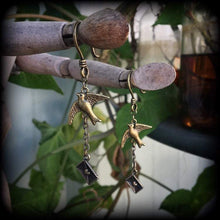 Load image into Gallery viewer, Tattoo ear hangers, Swallow ear weights, 6 gauge, 4 gauge, Bronze weights, Hanging gauges, Gauged earrings, Plug gauges, Tunnel dangles 0g
