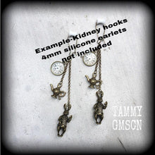 Load image into Gallery viewer, 2 gauge tunnel dangles, 0 g, 00 g, Alice in Wonderland, Ear weights, Bronze weights, Plug dangles, Rabbit, Hanging gauges, Gauged earrings