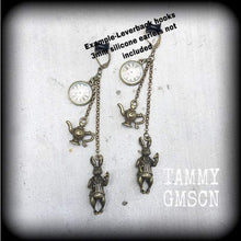 Load image into Gallery viewer, March Hare earrings, Teapot earrings, Fob watch earrings, Rabbit, Clock, Alice in Wonderland, Plug earrings, Tunnel earrings, Animal jewelry
