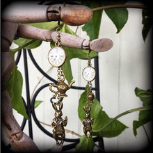 Load image into Gallery viewer, March Hare earrings, Teapot earrings, Fob watch earrings, Rabbit, Clock, Alice in Wonderland, Plug earrings, Tunnel earrings, Animal jewelry
