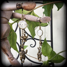 Load image into Gallery viewer, March Hare earrings, Teapot earrings, Fob watch earrings, Rabbit, Clock, Alice in Wonderland, Plug earrings, Tunnel earrings, Animal jewelry
