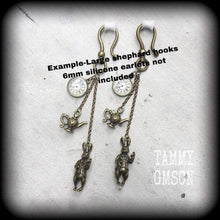 Load image into Gallery viewer, March Hare earrings, Teapot earrings, Fob watch earrings, Rabbit, Clock, Alice in Wonderland, Plug earrings, Tunnel earrings, Animal jewelry