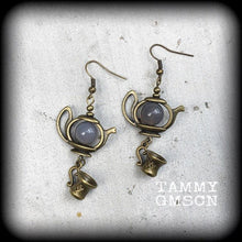Load image into Gallery viewer, Tea pot earrings, Tea Cup earrings, Coffee earrings, Alice in Wonderland jewelry, Tunnel earrings, Tea Party earrings, Lewis Carroll, Gauges