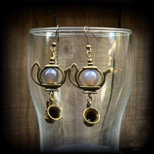 Load image into Gallery viewer, Tea pot earrings, Tea Cup earrings, Coffee earrings, Alice in Wonderland jewelry, Tunnel earrings, Tea Party earrings, Lewis Carroll, Gauges