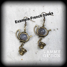 Load image into Gallery viewer, 6 gauge ear hangers, Tea pot plug dangles, Ear weights, Tunnel dangles, Alice in Wonderland, Bronze weights, Hanging gauges, Gauged earrings