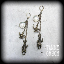 Load image into Gallery viewer, March Hare earrings, Teapot earrings, Fob watch earrings, Rabbit, Clock, Alice in Wonderland, Plug earrings, Tunnel earrings, Animal jewelry