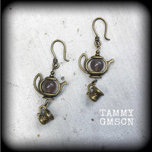 Load image into Gallery viewer, 6 gauge ear hangers, Tea pot plug dangles, Ear weights, Tunnel dangles, Alice in Wonderland, Bronze weights, Hanging gauges, Gauged earrings