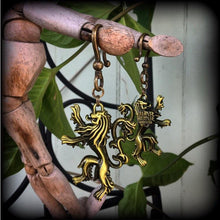 Load image into Gallery viewer, Rampant Lion earrings, House Lannister, Game of Thrones earrings, English lion earrings, Ear weights, Bronze weights, Tunnel earrings 0g 00g