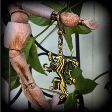 Load image into Gallery viewer, Rampant Lion earrings, House Lannister, Game of Thrones earrings, English lion earrings, Ear weights, Bronze weights, Tunnel earrings 0g 00g