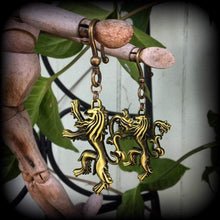 Load image into Gallery viewer, Rampant Lion earrings, House Lannister, Game of Thrones earrings, English lion earrings, Ear weights, Bronze weights, Tunnel earrings 0g 00g