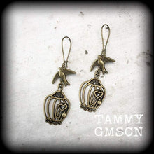 Load image into Gallery viewer, Bird cage earrings Tattoo jewelry Swallow earrings Dove earrings Blue bird jewelry Sailor Jerry 3mm Tunnel dangles 8 gauge Plug dangles 6mm