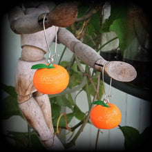 Load image into Gallery viewer, Mandarin earrings Fruit earrings Vegan jewelry Food jewelry Tunnel dangles Tunnel earrings Hanging gauges Ear hangers 2g 4g 6g 8g 0g 00g