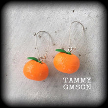Load image into Gallery viewer, Mandarin earrings Fruit earrings Vegan jewelry Food jewelry Tunnel dangles Tunnel earrings Hanging gauges Ear hangers 2g 4g 6g 8g 0g 00g