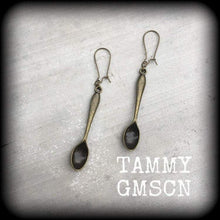 Load image into Gallery viewer, Teaspoon earrings Spoon earrings Cutlery earrings Tea Party earrings 14gauge Tunnel earrings Barista earrings Tunnel dangles Plug earrings