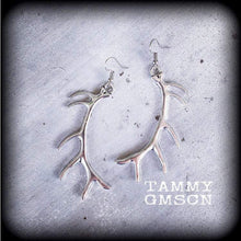 Load image into Gallery viewer, Antler earrings, Goddess earrings, Artemis jewelry, Pagan jewelry, Pan earrings, Saggitarius earrings, Nature Jewelry, Tunnel earrings