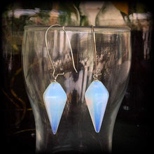 Load image into Gallery viewer, Opalite earrings Dangle earrings Moonstone earrings Gauged earrings Gemstone earrings Boho earrings Pagan Pan Goddess Wicca Pierced ears