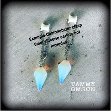 Load image into Gallery viewer, Opalite earrings Dangle earrings Moonstone earrings Gauged earrings Gemstone earrings Boho earrings Pagan Pan Goddess Wicca Pierced ears