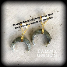Load image into Gallery viewer, Labradorite earrings Gemstone earrings Tunnel dangles Crystal Quartz Crescent moon earrings Boho earrings Dangle earrings Gauged earrings 2g