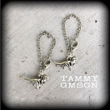 Load image into Gallery viewer, 6 gauge, 0 gauge, Dinosaur ear hangers, Dinosaur jewelry, Jurassic earrings, Parasaurolophus, Tunnel dangles, Plug dangles, Hanging gauges