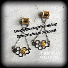 Load image into Gallery viewer, Bee ear hangers, 2 gauge, 0 gauge, 00 gauge ear weights, Gauged earrings for stretched lobes, Tunnel dangles, Plug dangles, Hanging gauges
