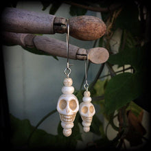 Load image into Gallery viewer, Skull earrings Day of the Dead earrings Halloween earrings Frost Bite earrings Gothic jewelry Skull ear hangers Tunnel earrings Plug earring