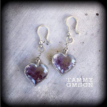 Load image into Gallery viewer, Amethyst ear hangers Heart plug earrings Gemstone weights Gauged earrings Plug dangles Dangly plugs Tunnel dangles Tunnel earrings 00g 0g 2g