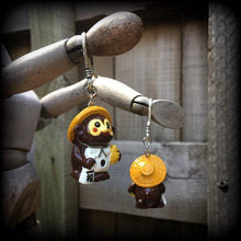 Load image into Gallery viewer, Tanuki earrings, Japanese earrings, Raccoon earrings, Kitsch earrings, Tunnel earrings for stretched ears, Plug earrings, Gauged earrings 8g