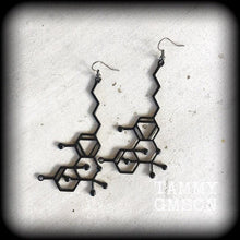 Load image into Gallery viewer, THC earrings THC Molecule Science earrings Weed jewelry Pot Mary Jane Nerd earrings Ear hangers Plug earrings Tunnel earrings Plug dangles