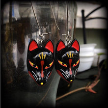 Load image into Gallery viewer, Black fox earrings Kitsune earrings Fox jewelry Yokai Japanese earrings Inari Fox earrings Tunnel earrings Plug dangles 8 gauge 3mm weights